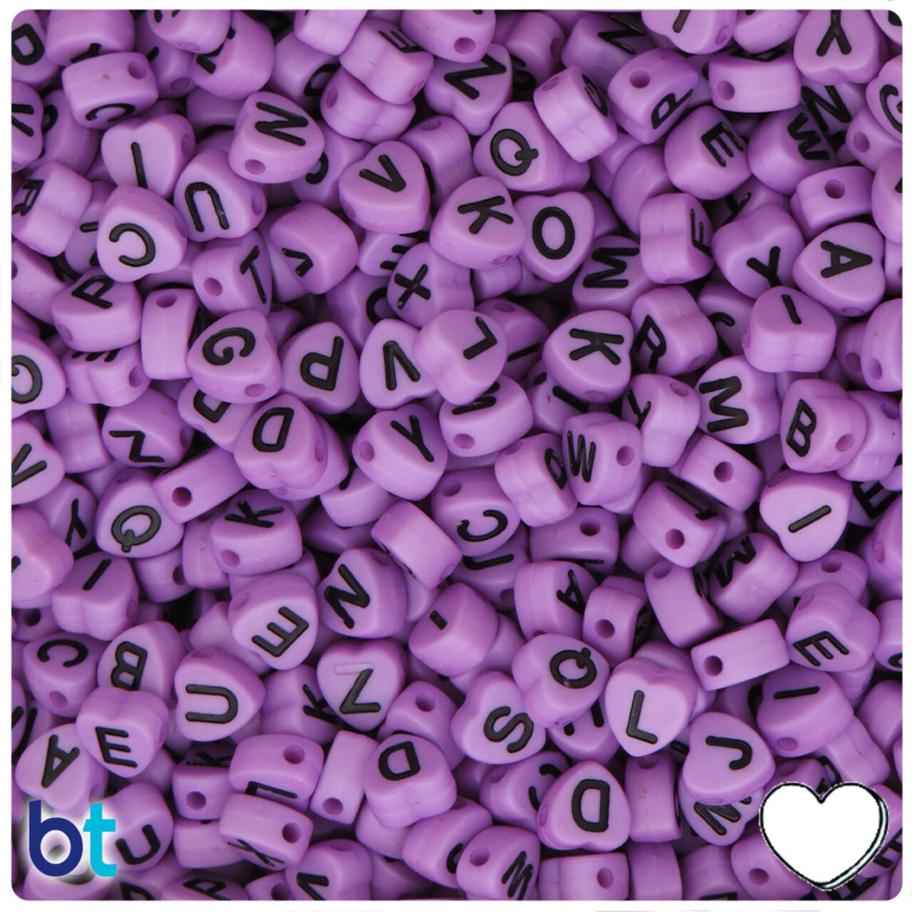 BeadTin Light Purple Opaque 7mm Heart Plastic Alpha Beads - Black Letter Mix (250pcs)